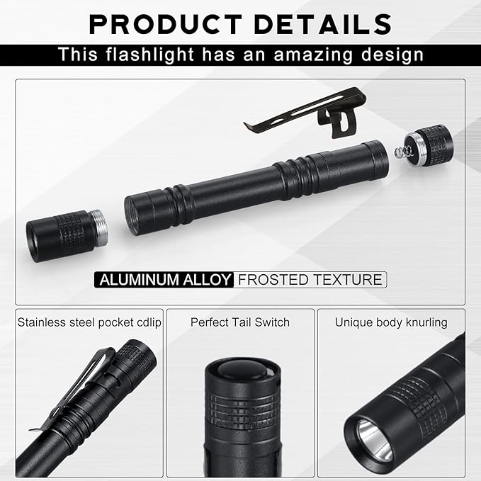 Hortsun 10 Pcs Mini Flashlight Bulk LED Pen with Pocket Small Flashlight with Clip for Outdoor Father's Day Gift for Men(3.54 Inch, 5.12 Inch,Black, Green, Grey, Blue, Orange)
