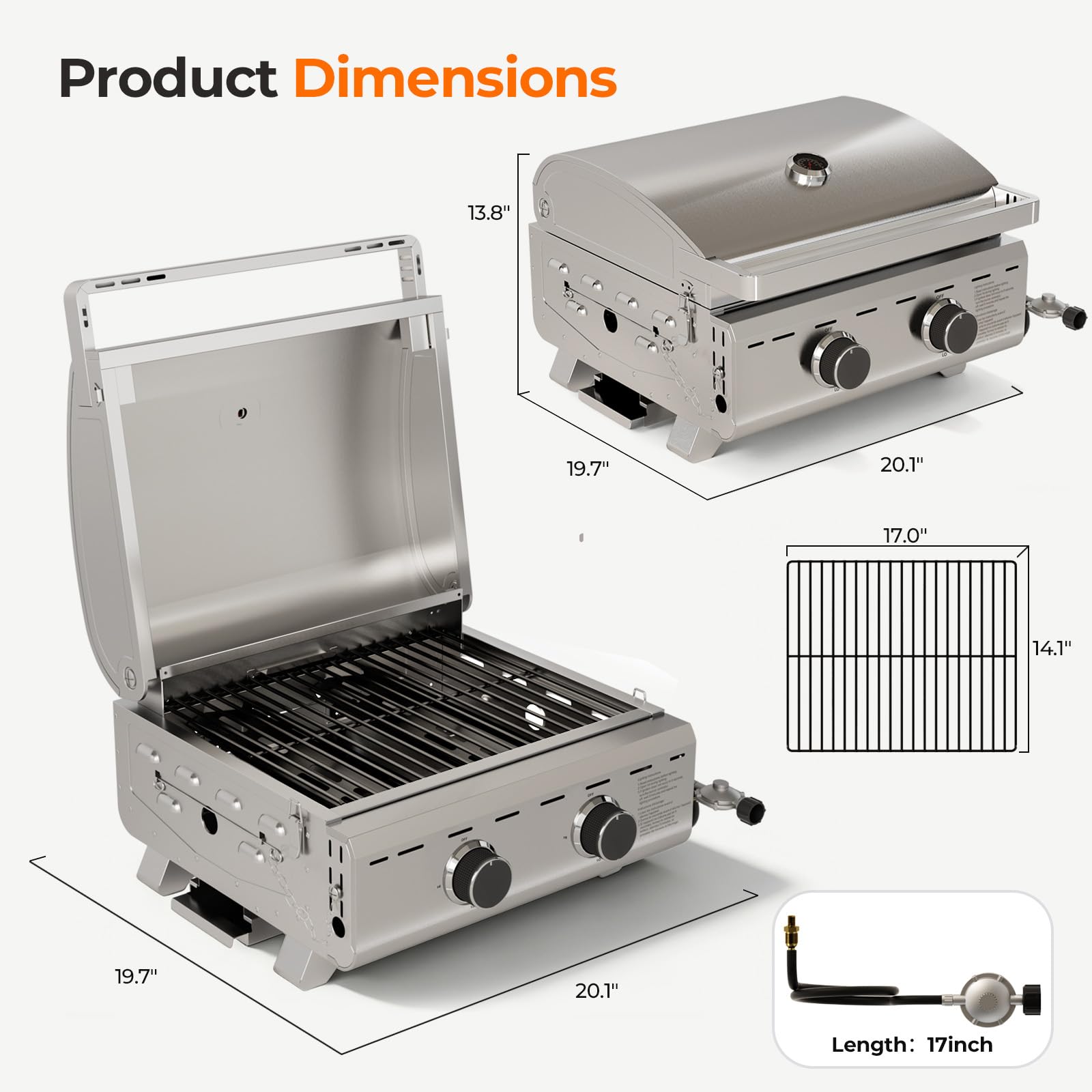 Electactic 20000 BTUs Portable Tabletop Gas Grill, 2 Burners Propane BBQ