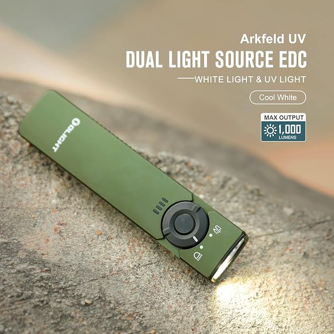 OLIGHT Arkfeld UV Rechargeable EDC Flashlight, 1000 Lumens White LED and 365nm Blacklight Combo for Outdoors, Emergency, Working, Pet Urine Detection (OD Green CW)