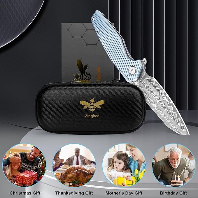 Damascus Pocket Knife 3.46" Damascus Steel Blade EDC Pocket Knives & Folding Knives for Men Women Blue Non-Slip Handle