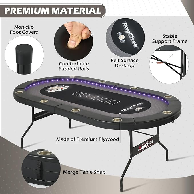LED Poker Table, 84" 10 Player Foldable Texas Holdem Table w/Inlaid LED Light, 2 USB & 2 Type-c Ports, Portable Blackjac for Texas Card Game w/Cup Holders and Padded Rails (Black)