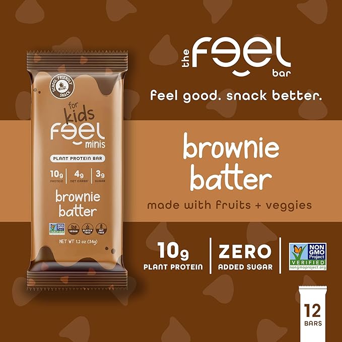 Feel Bar Minis ??Kids Protein Bars | Brownie Batter ??12 Pack | 10g Plant Protein | 100 Calories | No Added Sugar | + Daily Veggies | Gluten Free, No Nuts, No Soy, No Dairy, No Grains
