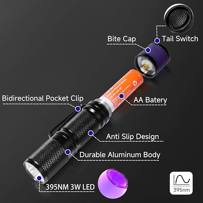 KunHe Mini UV Flashlight 395nm Black Light 2Pack Mini AA Battery Ultraviolet LED Blacklight Flashlight Woods Lamp Powerful Portable Detector for Pet Urine Dry Stains Scorpions Bed Bug Resin Curing