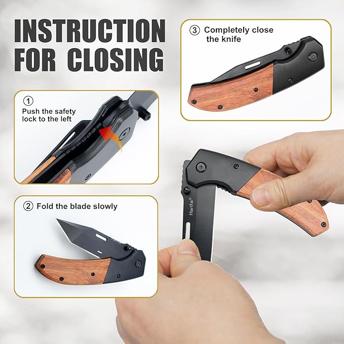 Harita Pocket Knife for Men, Folding Utility with Pocket Clip, Wood Handle EDC for Women with 3.4″ Black Steel Blade, Camping Knife, Hunting, Hiking - Father's Day Gift (Back, 3.4 inch Classic Blade)