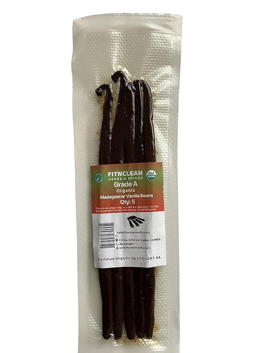 5 Organic Madagascar Vanilla Beans Grade A. Certified USDA Organic. 6"-7.5" Fresh by FITNCLEAN VANILLA for Extract, Paste, Cooking and Baking. NON-GMO Whole Pods