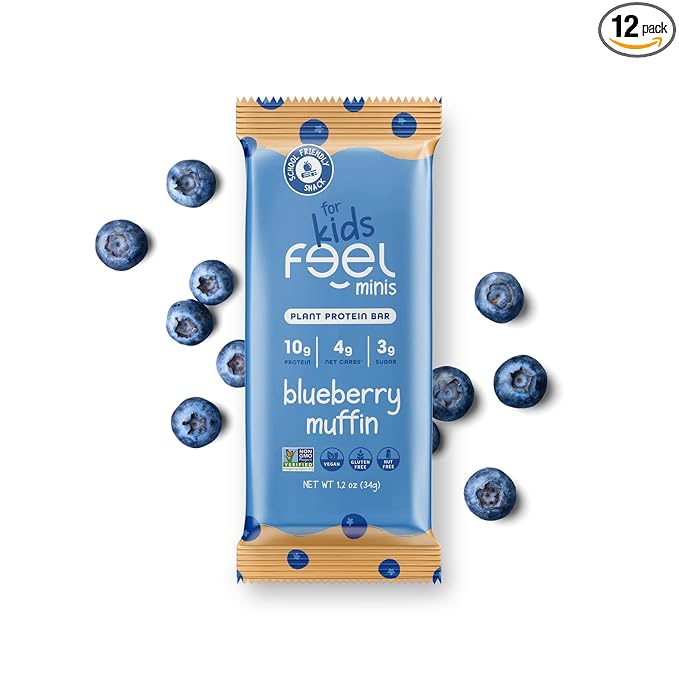 Feel Bar Minis ??Kids Protein Bars | Blueberry Muffin | 10g Plant Protein | 100 Calories | No Added Sugar | + Daily Veggies | Gluten Free, No Nuts, No Soy, No Dairy, No Grains (12 Pack)