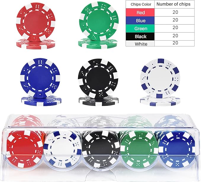 100Pcs Professional Poker Chip with Storage Box, 5 Colors Casino Poker Chips Set, 11.5 Gram Clay Composite Casino Poker Chips for Casino Card Games Texas Holdem Blackjack Gambling (with Clear Box)