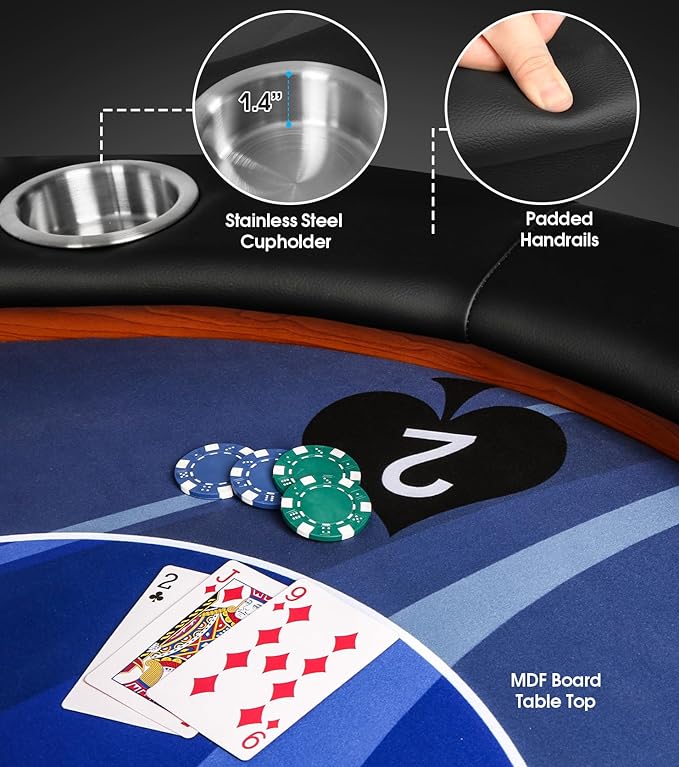 LUCKYERMORE Upgraded 10 Players Poker Table with Stainless Steel Cup Holder, 84”Folding Casino-Style Texas Game Poker Tables with Padded Rails, Blue Felt Surface, Fully Assemble