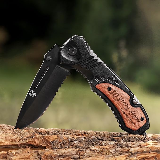 Titorld 10 Years Anniversary Keepsake Gifts for Him, 10th Tin Anniversary for Men Him Husband, Ten Year Marriage Wedding Date Engraved Pocket Knife with Gift Box, Personalized Mens knife