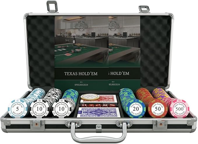 Bullets Poker Set with Designer Case Carmela ??Deluxe Set, Chips and Cards, Rules Manual, Dealer Button and Bullets Plastic Playing Cards ??Comes with a Case, 300 Clay Poker Chips.