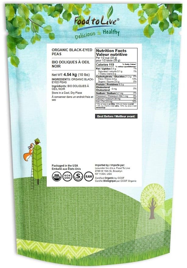 Food to Live Organic Black-Eyed Peas, 10 Pounds ??Raw Dried Cow Peas, Non-GMO, Bulk Beans, Product of the USA