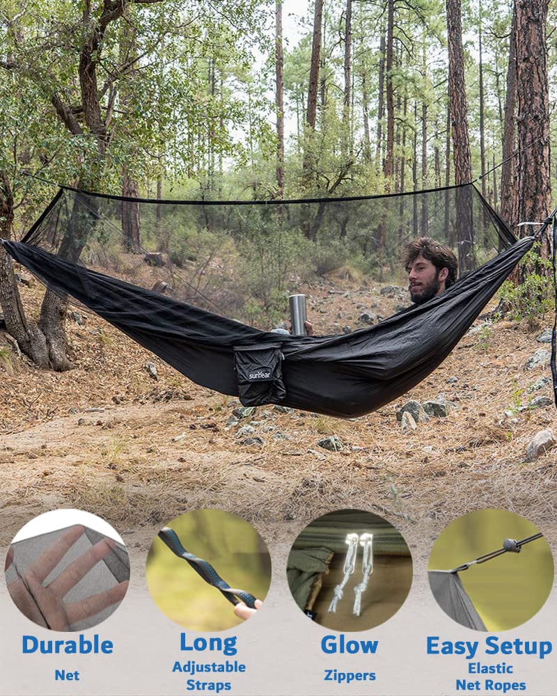 Sunyear Hammock Camping with Rain Fly Tarp and Net, Portable Camping Hammock Double Tree Hammock