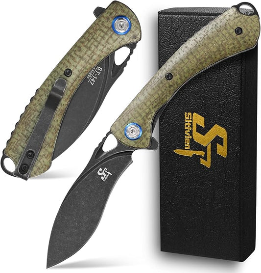 Sitivien ST147 Folding Pocket Knife,Black Stonewashed 14C28N Steel Blade with Micarta Handle Utility Knife EDC Tool Knife for Outdoor Camping,Hiking,Hunting(Green)