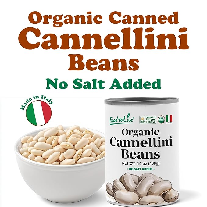 Food to Live Organic Italian Canned Cannellini Beans, 14 oz (Pack of 1) - Unsalted Non-GMO White Kidney Beans. Good Source of Fiber and Protein