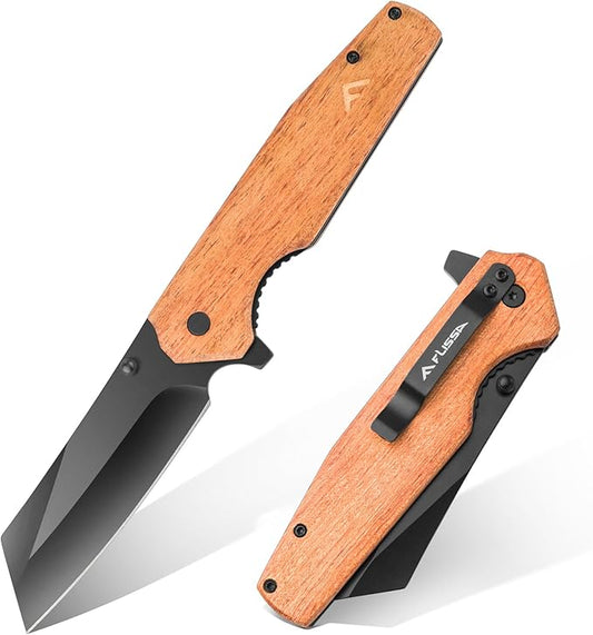 FLISSA Folding Knife, 4-3/4" Reverse Tanto Folding Pocket Knife, Black Stonewash Blade, Wood Handle, for Hunting, Survival, Camping and Outdoor Activities, Great Gifts for Dad, Husband, Friend