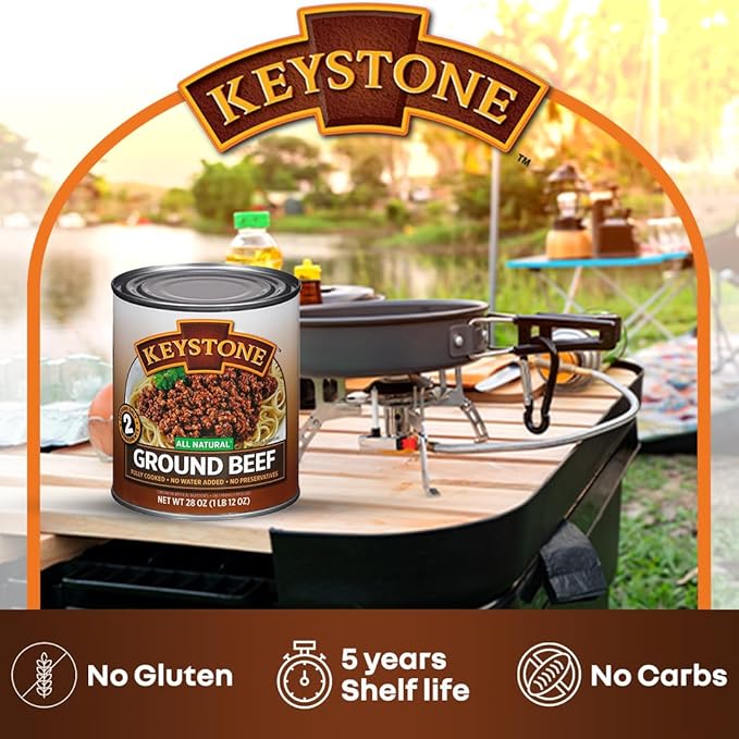Keystone Meats All Natural Heat and Serve Ground Beef 28 oz – Fully Cooked Canned Meat – Ready to Eat – 5-Year Shelf Life – Pantry Staple for Everyday Meals, Emergency Survival Canned Food – Made in USA – Pack of 4