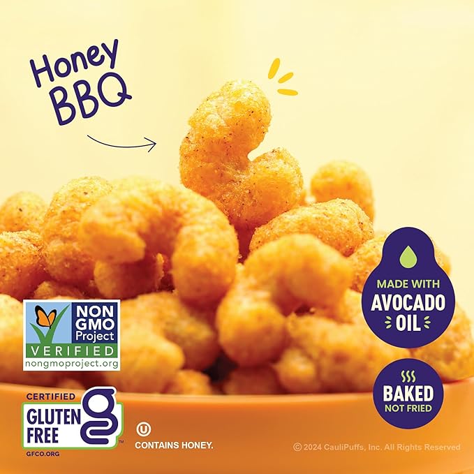 CauliPuffs - Corn, Rice, and Cauliflower Gluten Free Puffed Snack (5 x 3.0oz Bags, Honey BBQ)
