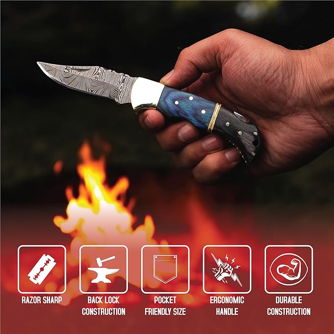 6.5 inch Damascus Pocket Knife with Sheath, Handmade Folding Pocket Knife for Men, Black-Red Wooden Handle with Brass Bolster, Secure Lock Back Camping Knife for EDC,Hunting,Hiking (Blue)
