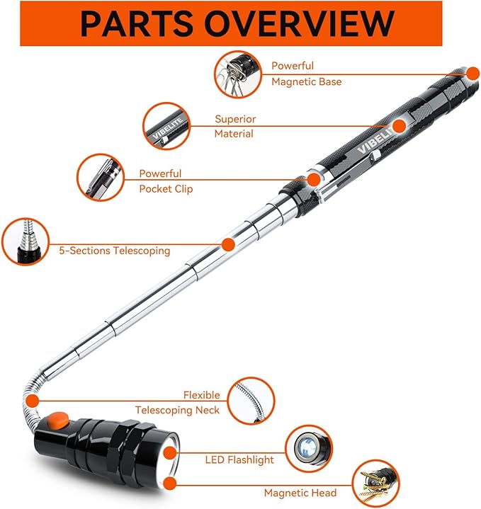 VIBELITE Gifts for Dad, Magnetic Pickup Tool with LED, Telescoping Magnet Flashlight, Birthday Gadgets Gifts for Men, Handyman, Husband, Boyfriend, Him, Father, Dad (Black)