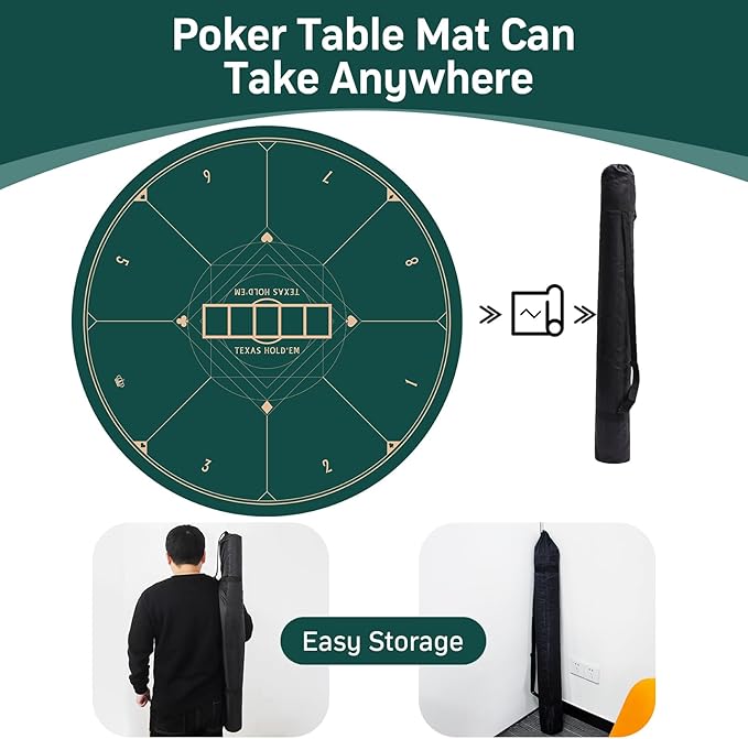 CONTINUE 47 x 47 Inch Poker Table Mat 8 Players Texas Hold'em Poker Mat Professional Poker Mat Anti-Slip Rubber Poker Table Top Layout with Carrying Bag for Poker Games, Blackjack, Casino