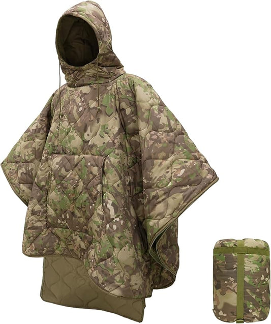 Poncho Liner Hoodie with Pocket Insulated Military Sleeping Bag Water Resistant for Outdoor Camping Travel Survival Hunting Car Emergency
