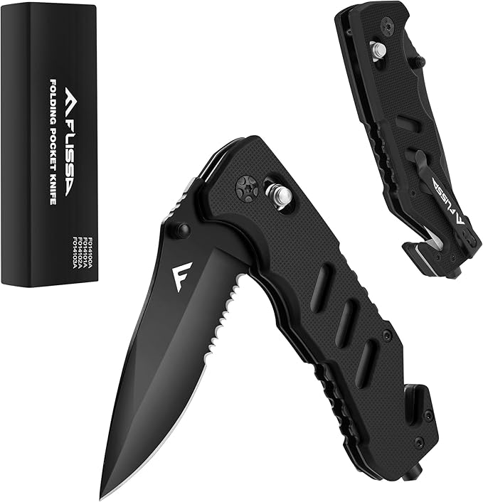 FLISSA Folding Pocket Knife with Clip, Glass Breaker and Seatbelt Cutter, Survival Knife for Emergency Rescue Situations, EDC Knife for Tactical, Hunting, Camping, Outdoor, Unique Gifts for Dad, Father-Black