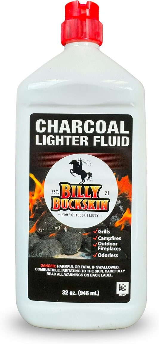 1 Quart Lighter Fuel Bottle, Clean Burning, Low Odor & Fast Lighting Charcoal Lighter Fluid, Perfect Fire Starter for Outdoor BBQ, Grilling, Camping, Charcoal & Wood Fires & Bonfires by Billy Buckskin