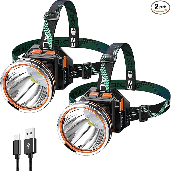 2 Pack High Power LED Headlamp Super Bright Adult Motion Sensor Headlight Spotlight Waterproof Rechargeable Outdoor Hunting Light Flashlight Portable Head lamp for Fishing Camping Hiking