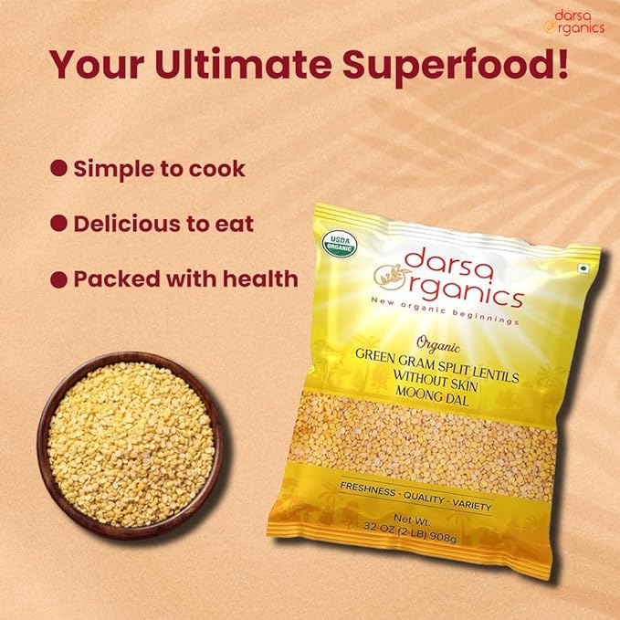 Darsa Organics Yellow Moong Dal (Split Yellow Mung Beans) 2 lb - USDA Organic, Non-GMO, Chemical-Free, Kosher - Protein-Rich Yellow Lentils for Khichdi, Soups, Salads & Stews