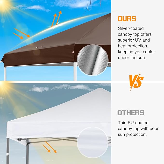 EAGLE PEAK Pop Up Canopy Tent with Wheeled Carry Bag, 8 Stakes, 4 Ropes, 4 Weight Bags, Easy Set Up Tent Canopy, 10x10 ft, 100sqft of Shade,Brown