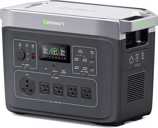 GROWATT Portable Power Station ，INFINITY 2000 Black Electric Solar Generator，2048Wh LifePO4 Battery,2400W AC Output for Home Use, Outdoor Camping, RVs and Emergency Backup(Solar Panel Optional)