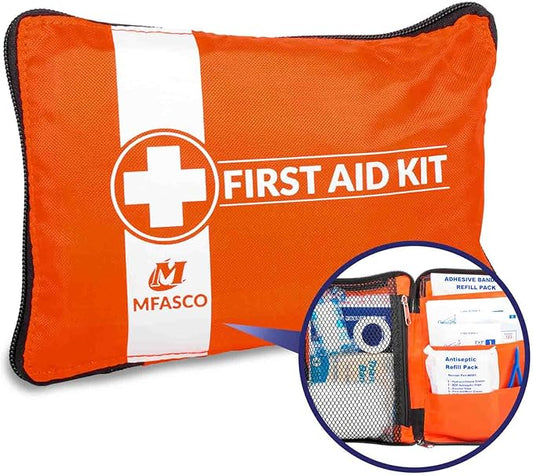 MFASCO First Aid Kit for Home, RV, Automotive - Compact Orange Pouch with Organizers for Small Travel, Backpacking, Cars, Motorcycle, Basic Supplies, Measures 8 x 5 3/4 x 1 1/4 inches, 70 Pieces
