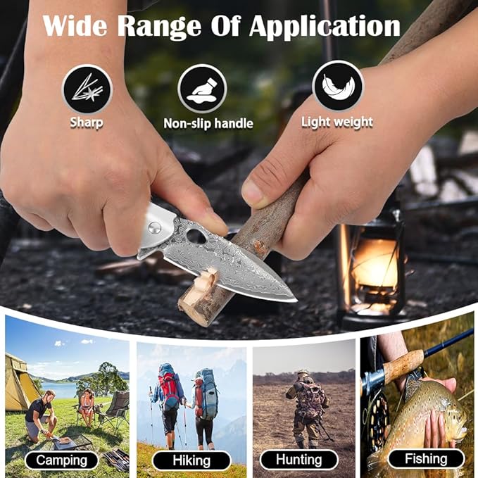 Cottonbell Damascus Pocket Knife Unique Rainbow Abalone Shell Handle Damascus Folding Knife, with Sharp VG10 Core Damascus Steel Knife for Outdoor Camping Fishing Hiking Hunting Gift