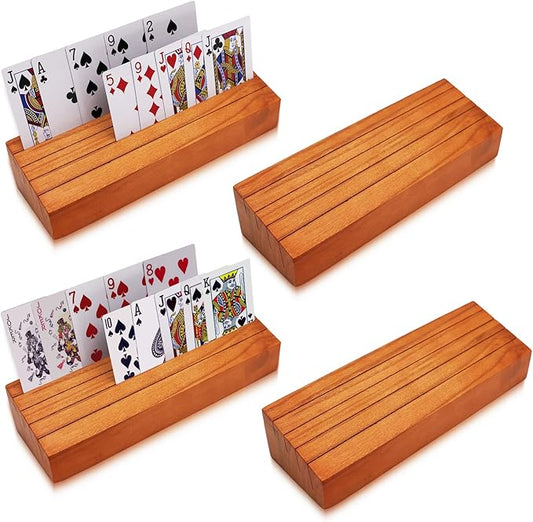 Card Deck Stand Set of 4 Playing Cards Holder for Kids Elder Wood Racks Tray for Organizing on Game Bridge Adults Uno Skipbo 5 Crowns(Orange)