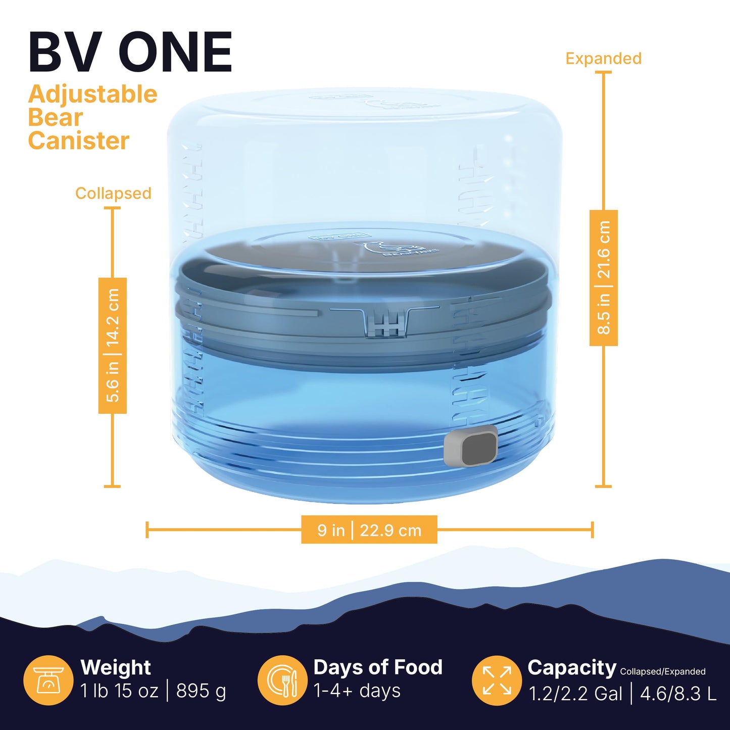 BearVault BV ONE Adjustable Bear Canister for Backpacking and Camping, Expandable & Collapsible