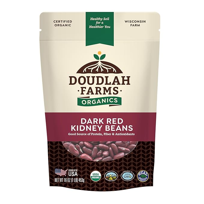 Organic Dried Dark Red Kidney Beans 1 lb - Non-GMO, USDA Organic, Farmed From Regenerative Soil, Tested Clean Certified, Vegan, Rich in Fiber & Protein for Soups, Salads, & Chili - Grown In USA by Doudlah Farms
