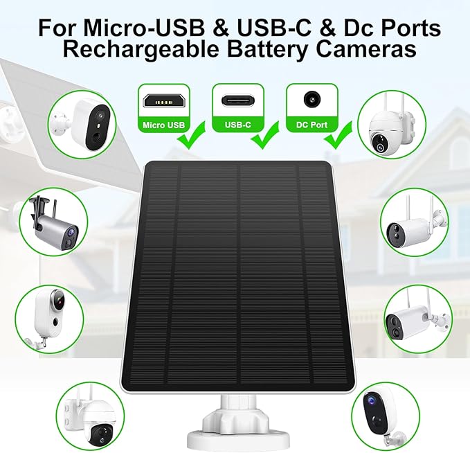 Solar Panel for Security Camera, 5W Solar Panel for Micro USB & USB-C & DC Port Outdoor Rechargeable Battery Camera, Camera Solar Charger with 10Ft Cable, 360° Adjustable Bracket, IP65 Waterproof