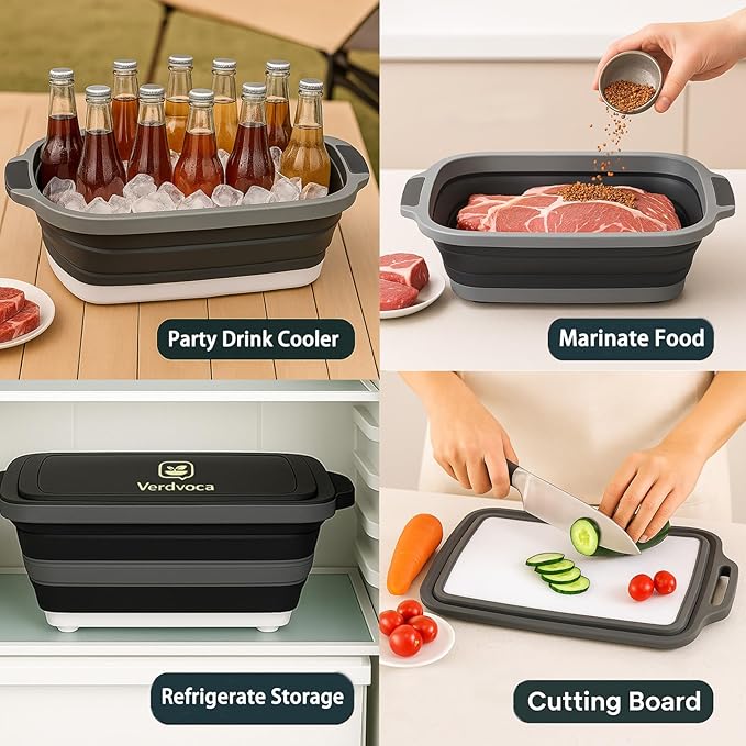 Collapsible BBQ Prep Tubs with Lids, Grill Cutting Board, Camping Sink with Drainage Hole for Meal Prep, Fruit Wash and Food Storage, Marinating Container, 16L Black Tub 20"