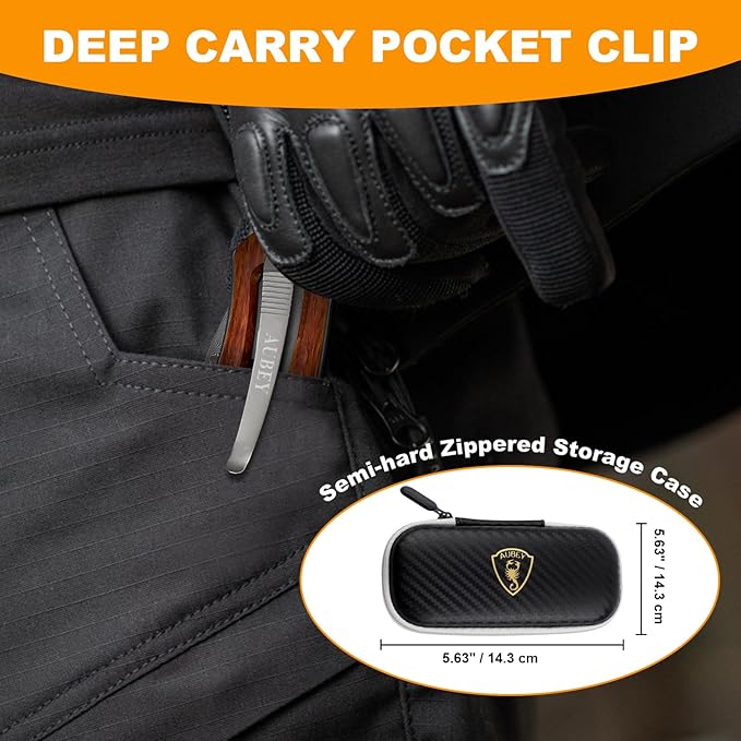 AUBEY Damascus Folding Pocket Knife Handmade with Clip for Men, Damascus Hunting Knife EDC Knife with Liner Lock for Outdoor Survival Camping Collection, Wooden Handle