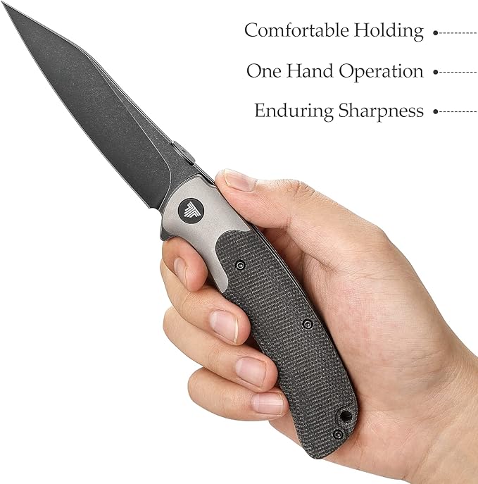 EDC Pocket Knife with Clip, Flipper Folding Knife,3.66" S35VN Steel PVD Blackwash Wharncliffe Blade,Ti Thumb Disk and Bolster &Micarta Scales for Camping Outdoor Hiking,UMa-04