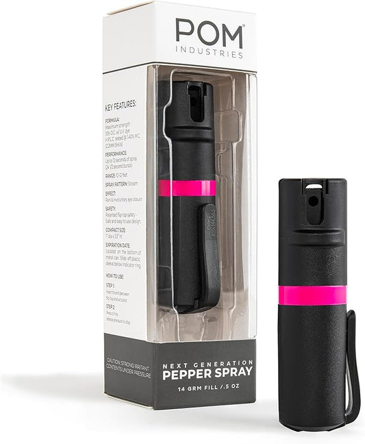 POM Pepper Spray Pocket Clip, Quick Flip Top Safety, Maximum Strength OC Formula with UV Marking