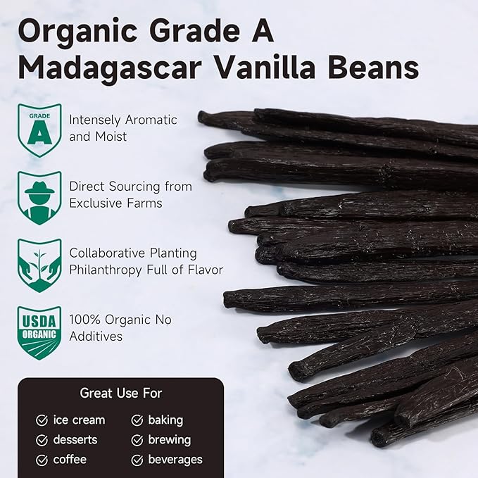 SPICEEL Organic Madagascar Vanilla Beans Grade A Vanilla Pods for Making Extract, Whole Vanilla Beans for Baking, Gluten Free, Non-GMO, Kosher, 6 Counts