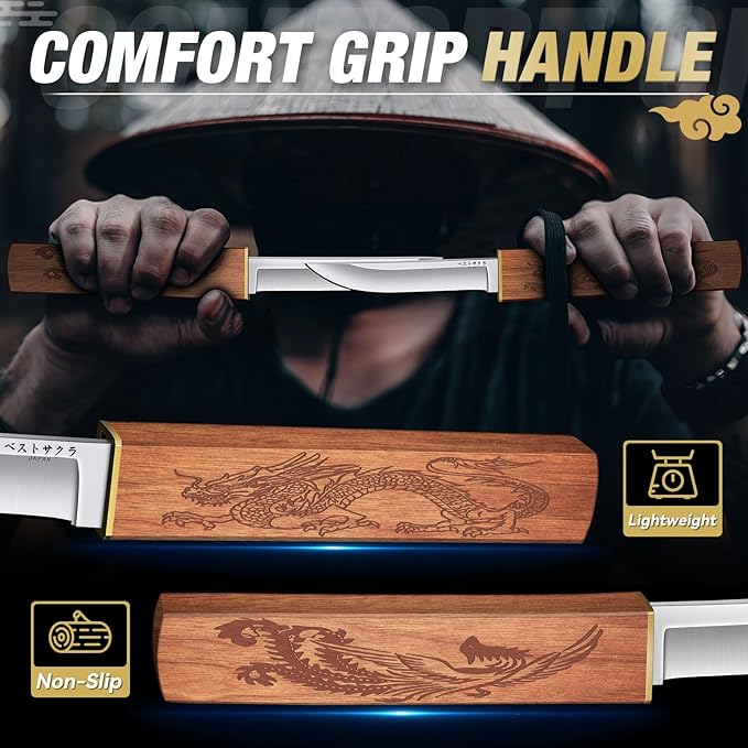 Purple Dragon Tanto Fixed Blade Knife, Katana Survival Bushcraft Knife, Full Tang Samurai Knives 2 in 1, Ideal for Camping, Fishing, Hiking, Hunting-Knives for Men, Gift for Father (Wood)