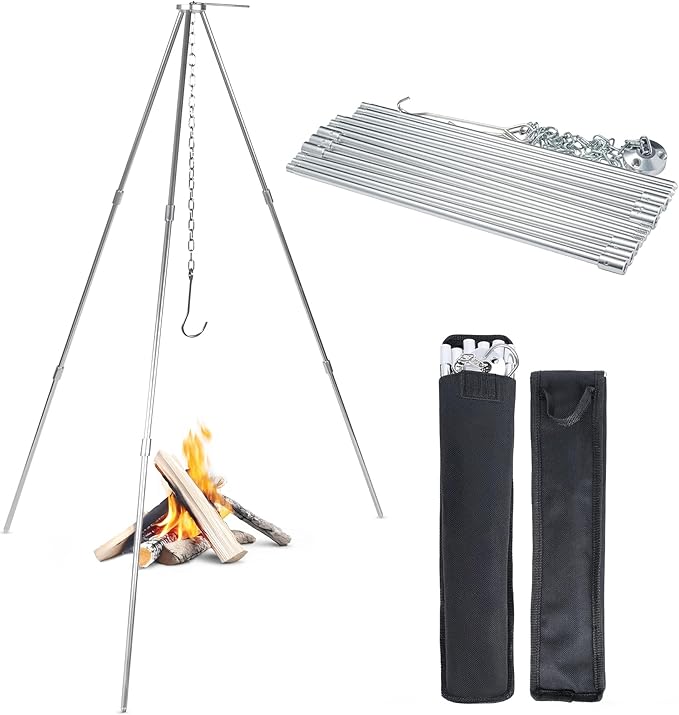 Tactiko Survival Campfire Cooking Tripod ??33" Stainless Steel Folding Stand with Adjustable Chain ??Compact & Lightweight Outdoor Gear for Hanging Kettles, Pots & Percolators ??Carry Bag Included