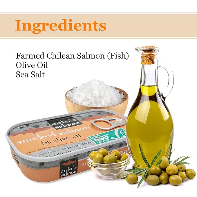 COLE'S SEAFOOD - Hand Packed Smoked Salmon in Olive Oil, Preservative Free Seafood, Canned Fish, High in Protein and Omegas, 3.2 oz Can | Pack of 10