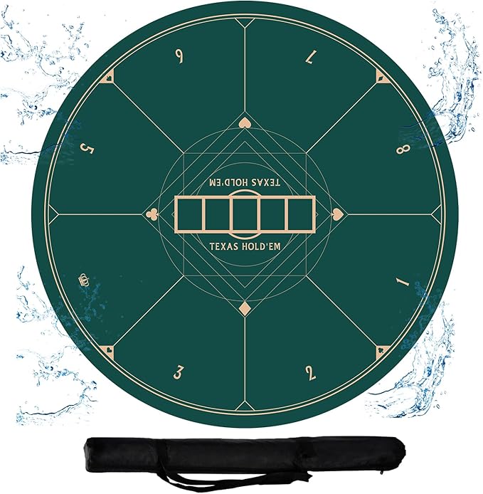 CONTINUE 47 x 47 Inch Poker Table Mat 8 Players Texas Hold'em Poker Mat Professional Poker Mat Anti-Slip Rubber Poker Table Top Layout with Carrying Bag for Poker Games, Blackjack, Casino