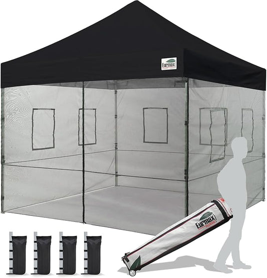 Eurmax USA 10'x10' Pop-up Canopy Tent Commercial Instant Canopies with 4 Removable Zipper End Food Service Wall kit and Roller Bag, Bonus 4 SandBags(Black)