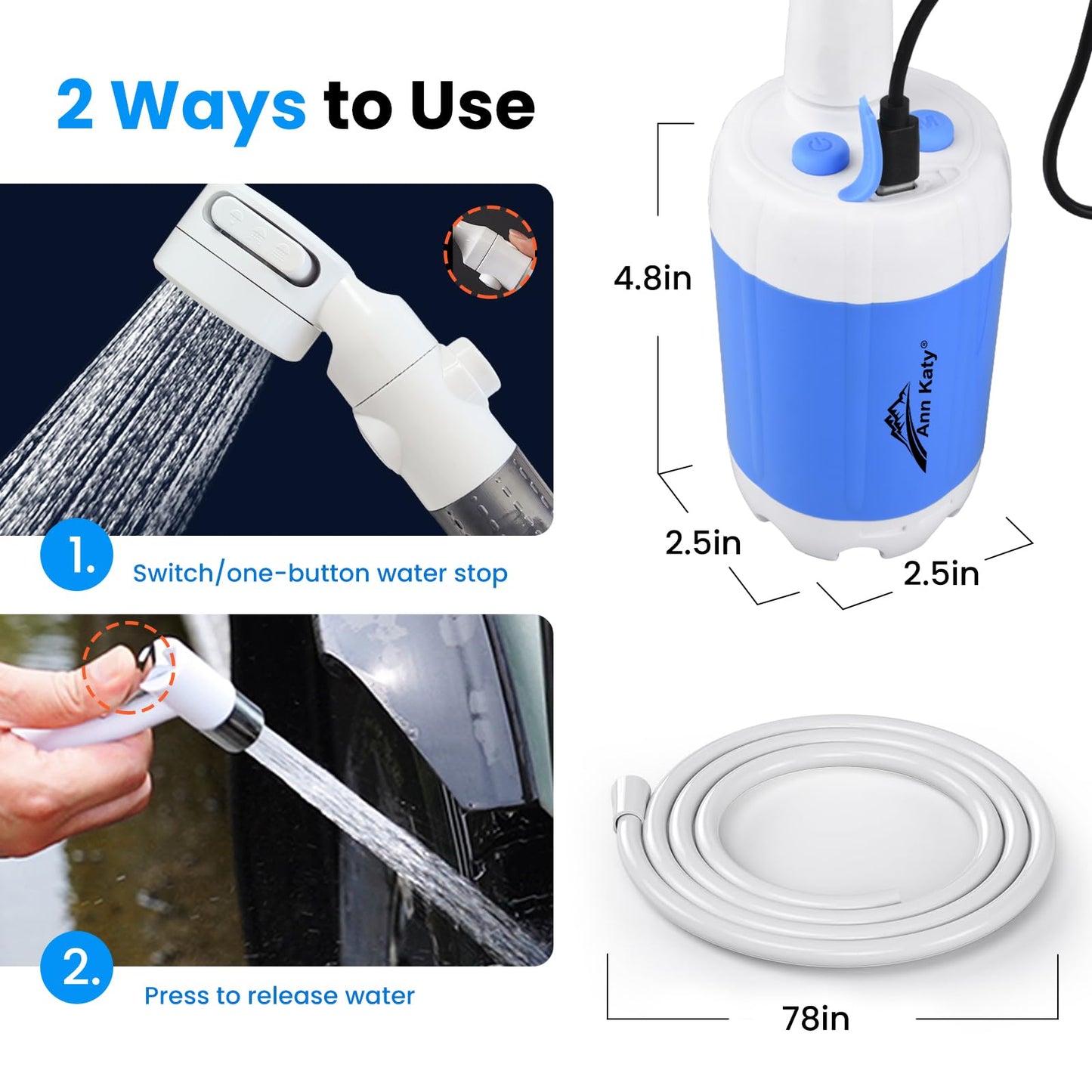 Ann Katy Portable Camping Shower Pump,Rechargeable Electric Outdoor Shower