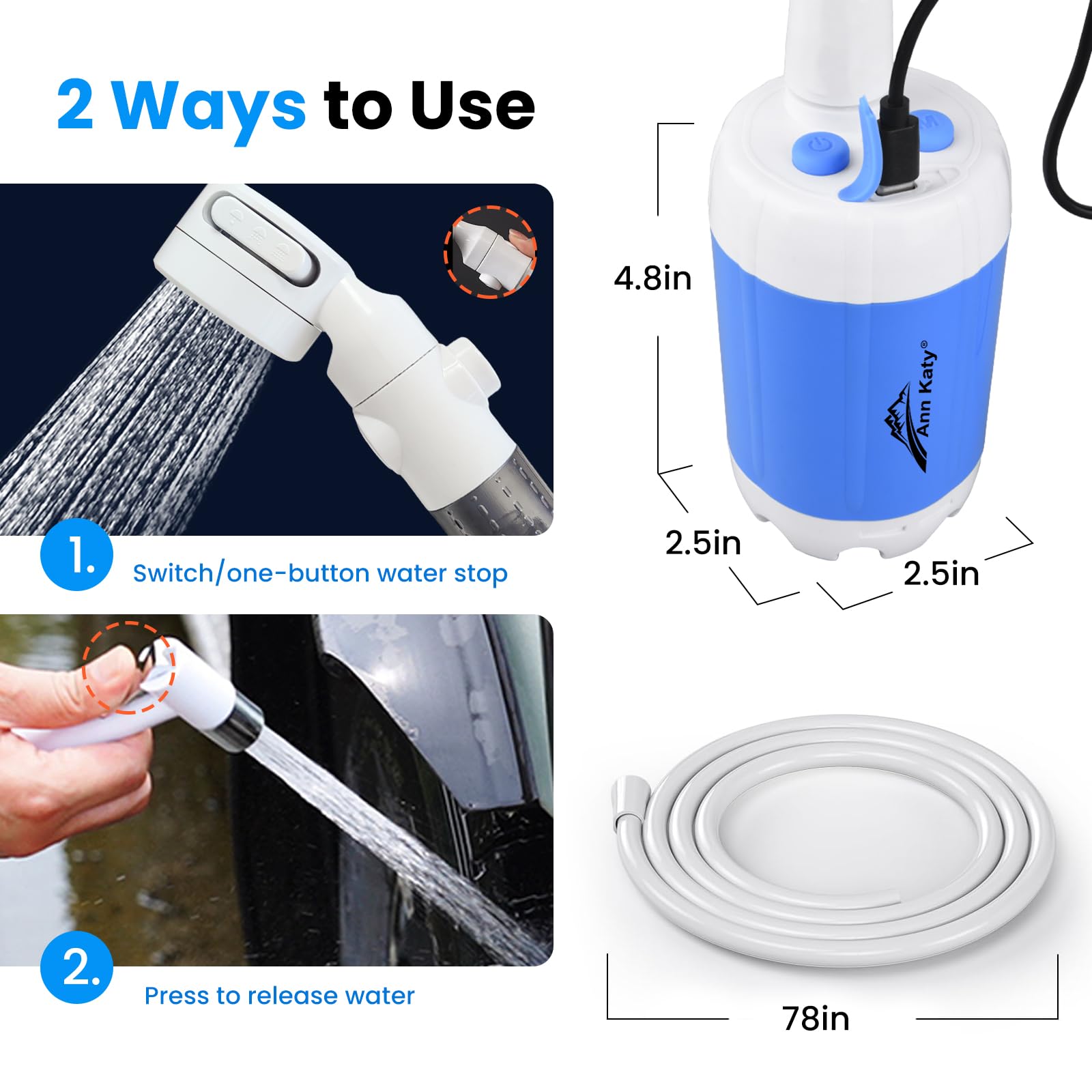 Ann Katy Portable Camping Shower Pump,Rechargeable Electric Outdoor Shower