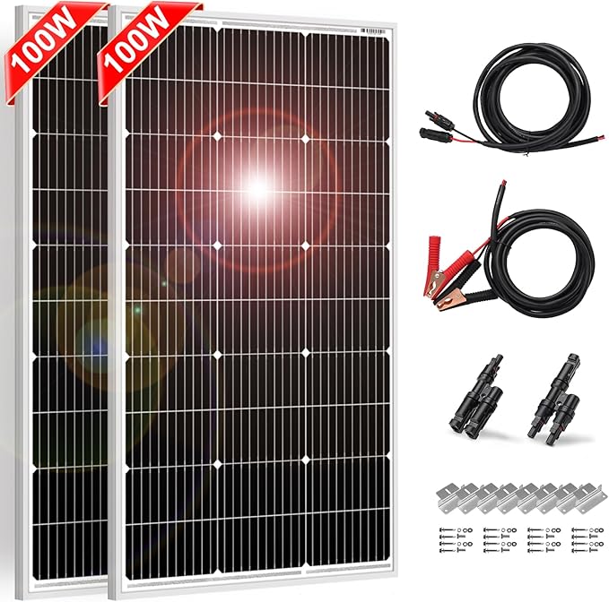 DOKIO 200W Solar Panel Kit (2×100W) 9-Busbar Monocrystalline with Aluminum Frame and MC4, Mounting Brackets, Clips & 5m Cable for RV, Boat, Roof, Off-Grid (Controller Required)